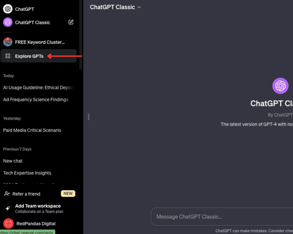 screenshot of chatgpt explore left panel